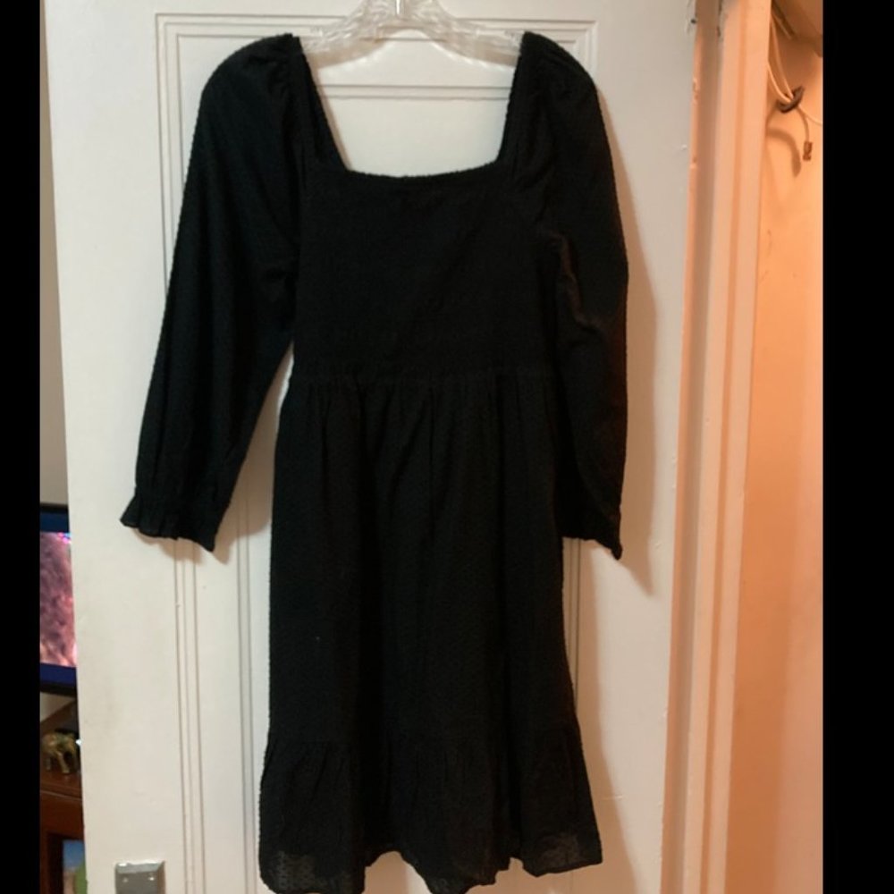 J.Crew Factory Size S Black smocked clip-dot puff-sleeve mini dress
